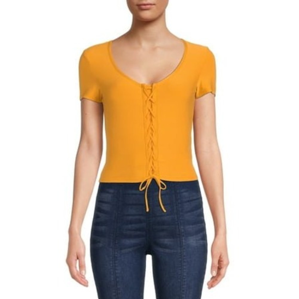 No Boundaries Hanky Hem Dress Juniors S(3-5) Yellow Lace Up Cap Sleeve